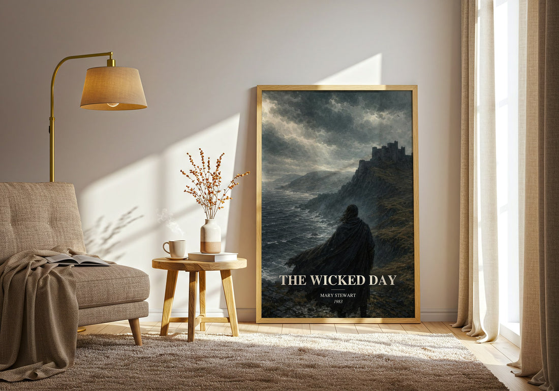 The Wicked Day watercolour print in frame leaning in hallway – historical fiction wall art (mockup)
