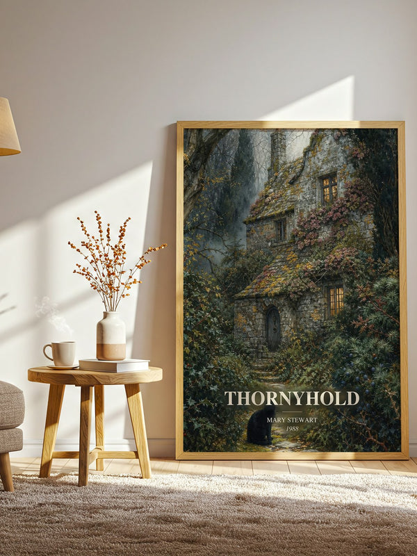 Thornyhold watercolour print in frame leaning in hallway – fantasy wall art