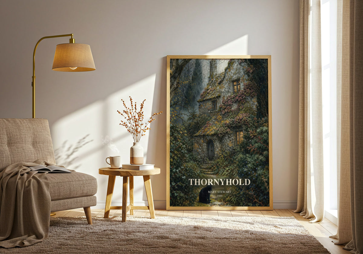 Thornyhold watercolour print in frame leaning in hallway – fantasy wall art (mockup)