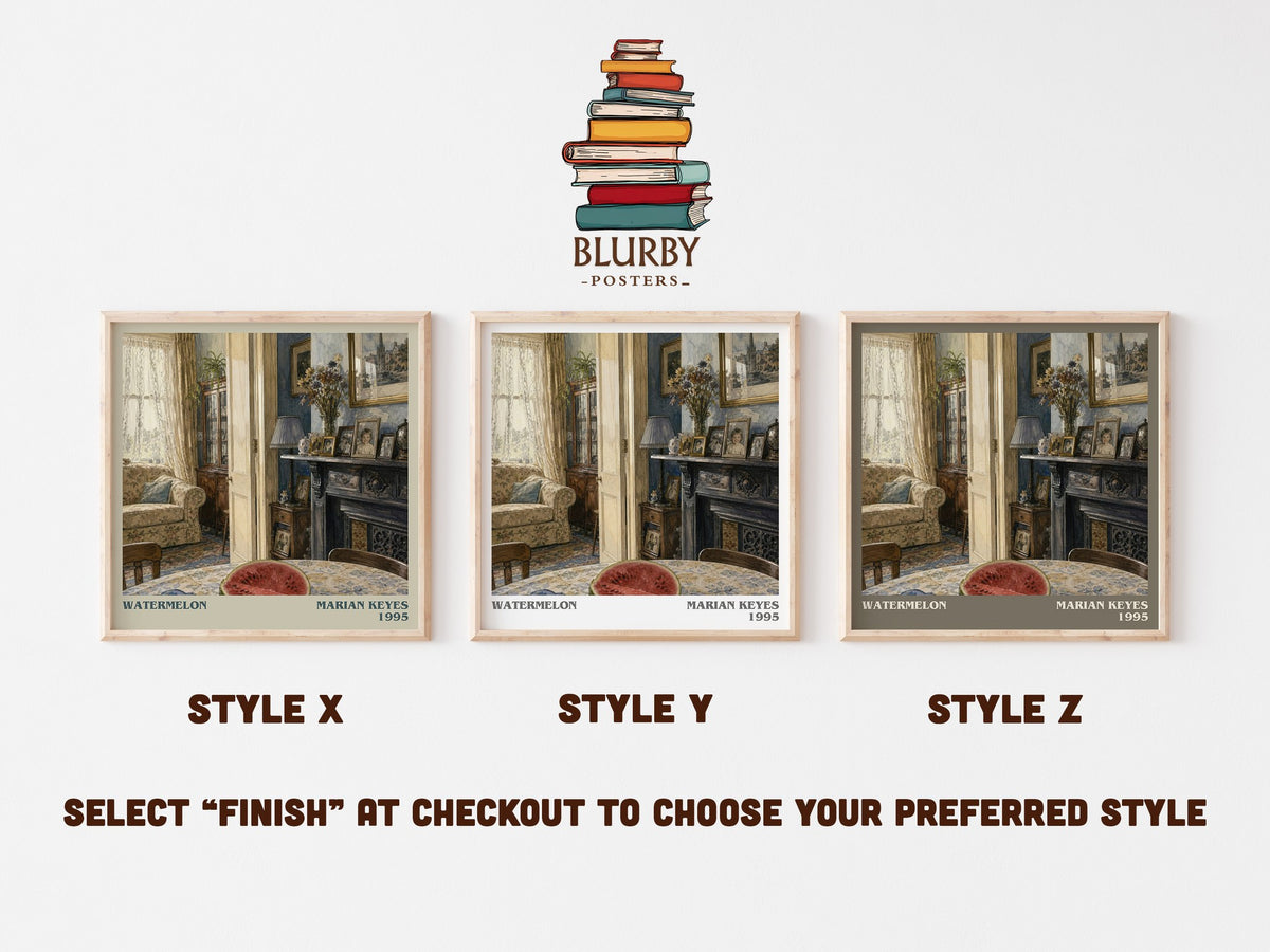 Watermelon literary print in frame leaning in hallway – contemporary fiction wall art (mockup)