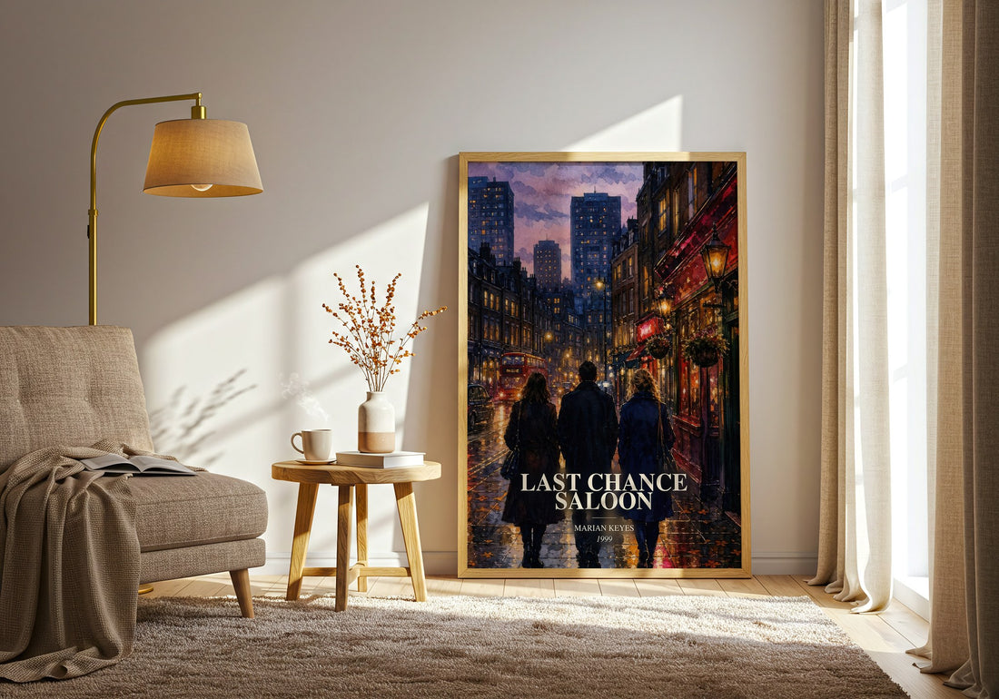 Last Chance Saloon watercolour print in frame leaning in hallway – contemporary fiction wall art (mockup)