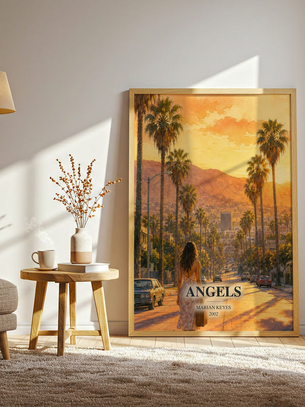Angels watercolour print in frame leaning in hallway – contemporary fiction wall art