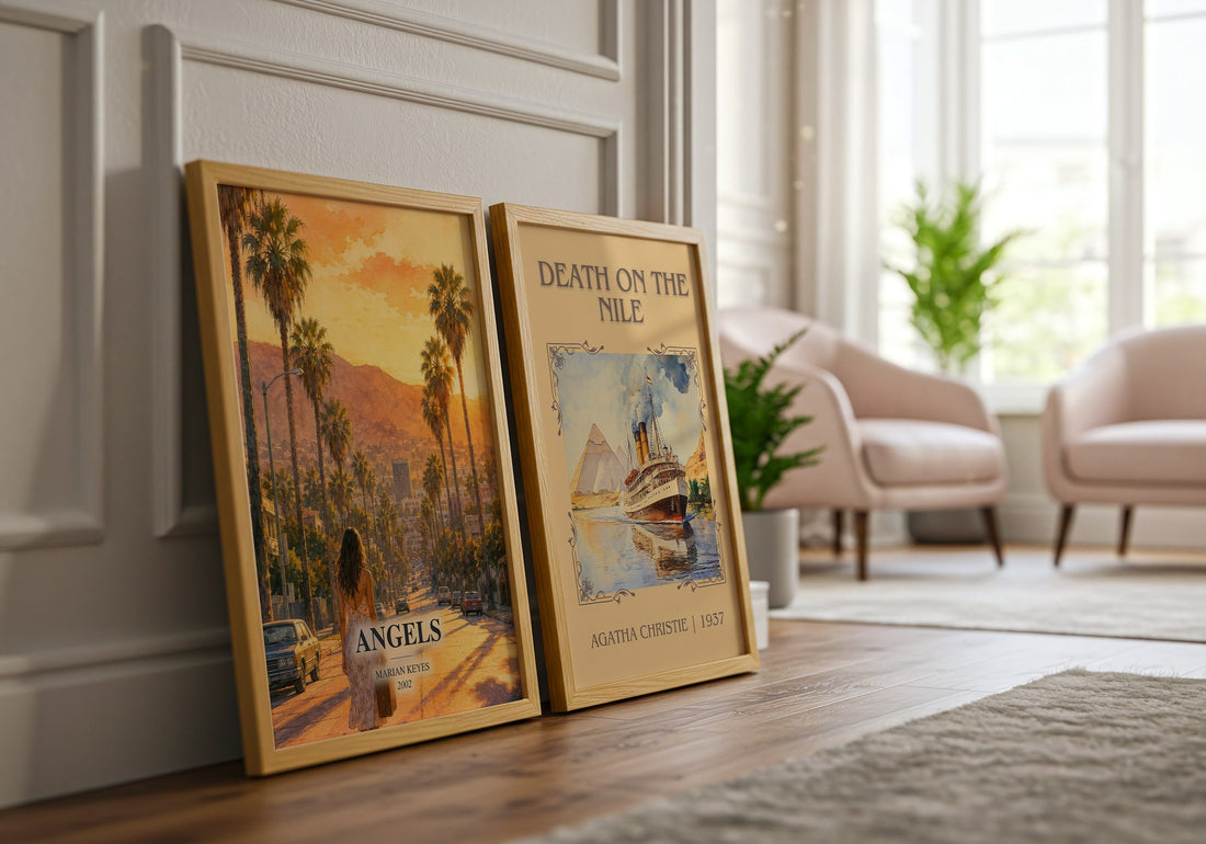 Angels watercolour print framed by window – literary home decor