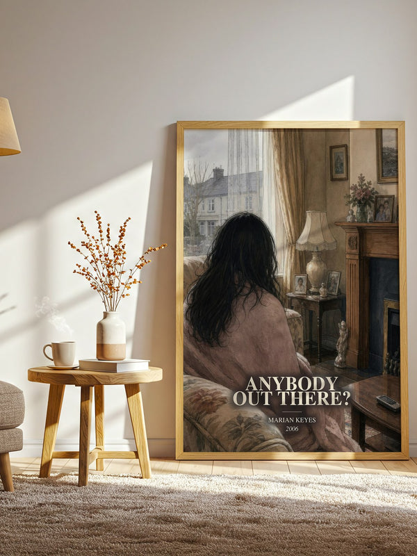 Anybody Out There? watercolour print in frame leaning in hallway – contemporary fiction wall art
