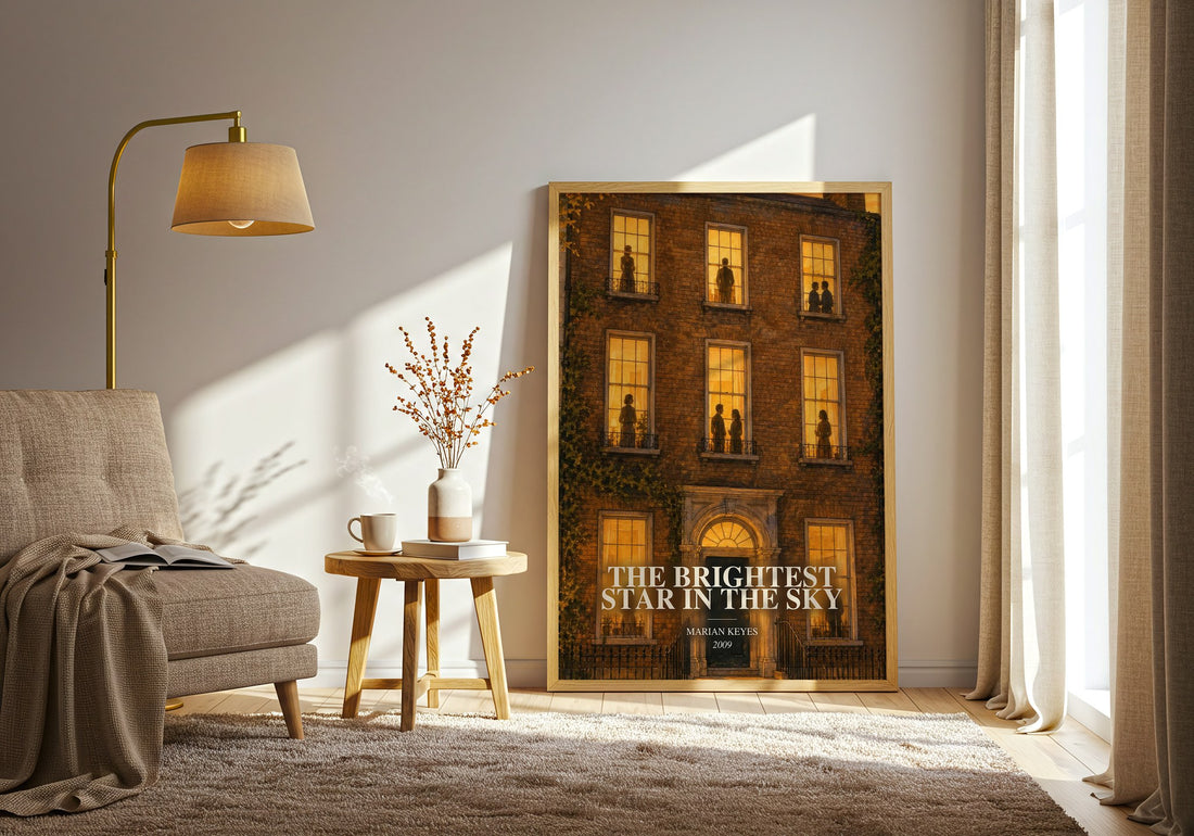 The Brightest Star in the Sky watercolour print in frame leaning in hallway – contemporary fiction wall art (mockup)