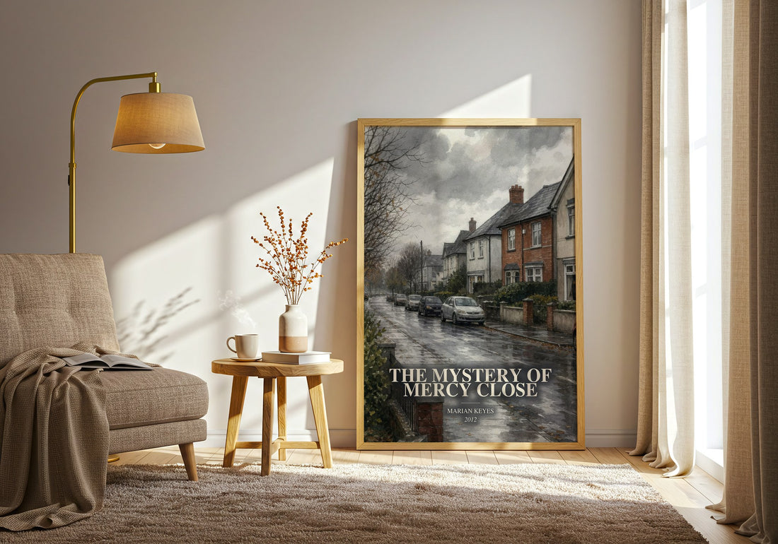The Mystery of Mercy Close watercolour print in frame leaning in hallway – contemporary fiction wall art (mockup)