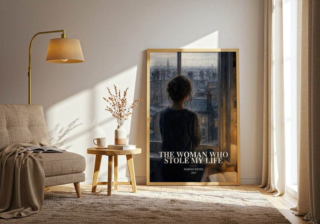 The Woman Who Stole My Life watercolour print in frame leaning in hallway – contemporary fiction wall art (mockup)