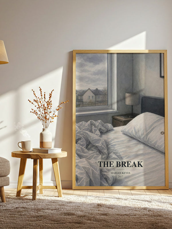 The Break watercolour print in frame leaning in hallway – contemporary fiction wall art