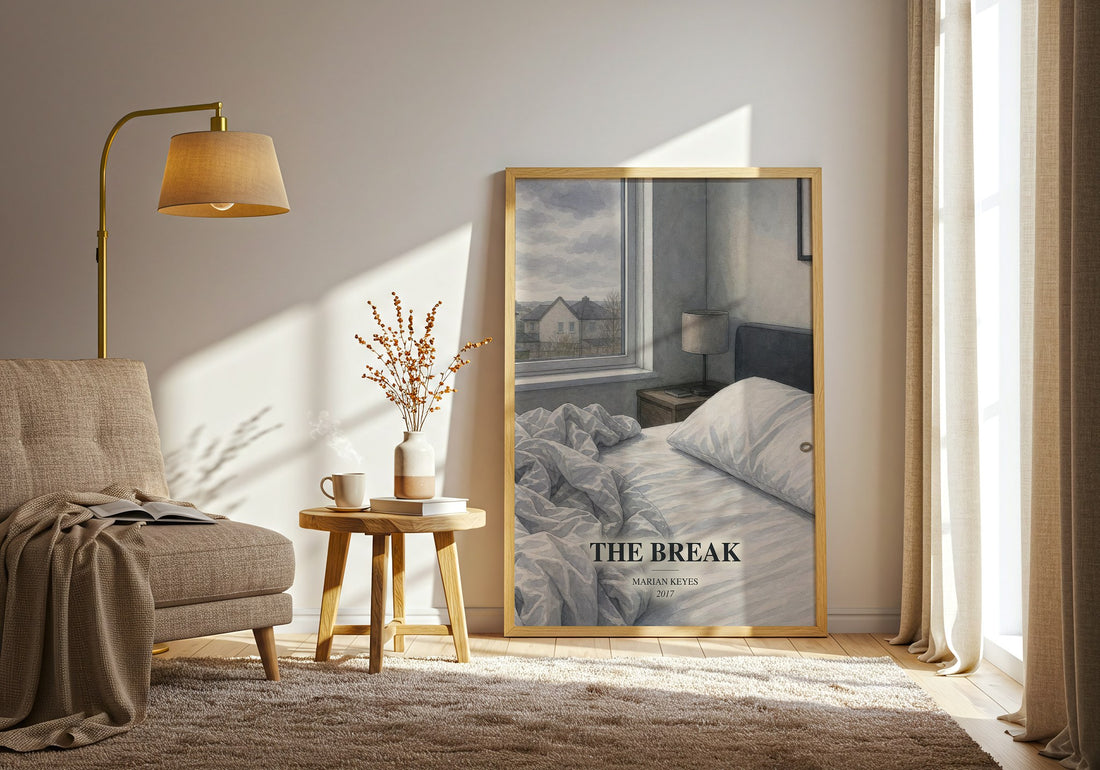 The Break watercolour print in frame leaning in hallway – contemporary fiction wall art (mockup)