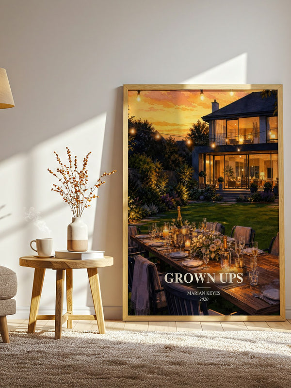 Grown Ups watercolour print in frame leaning in hallway – contemporary fiction wall art