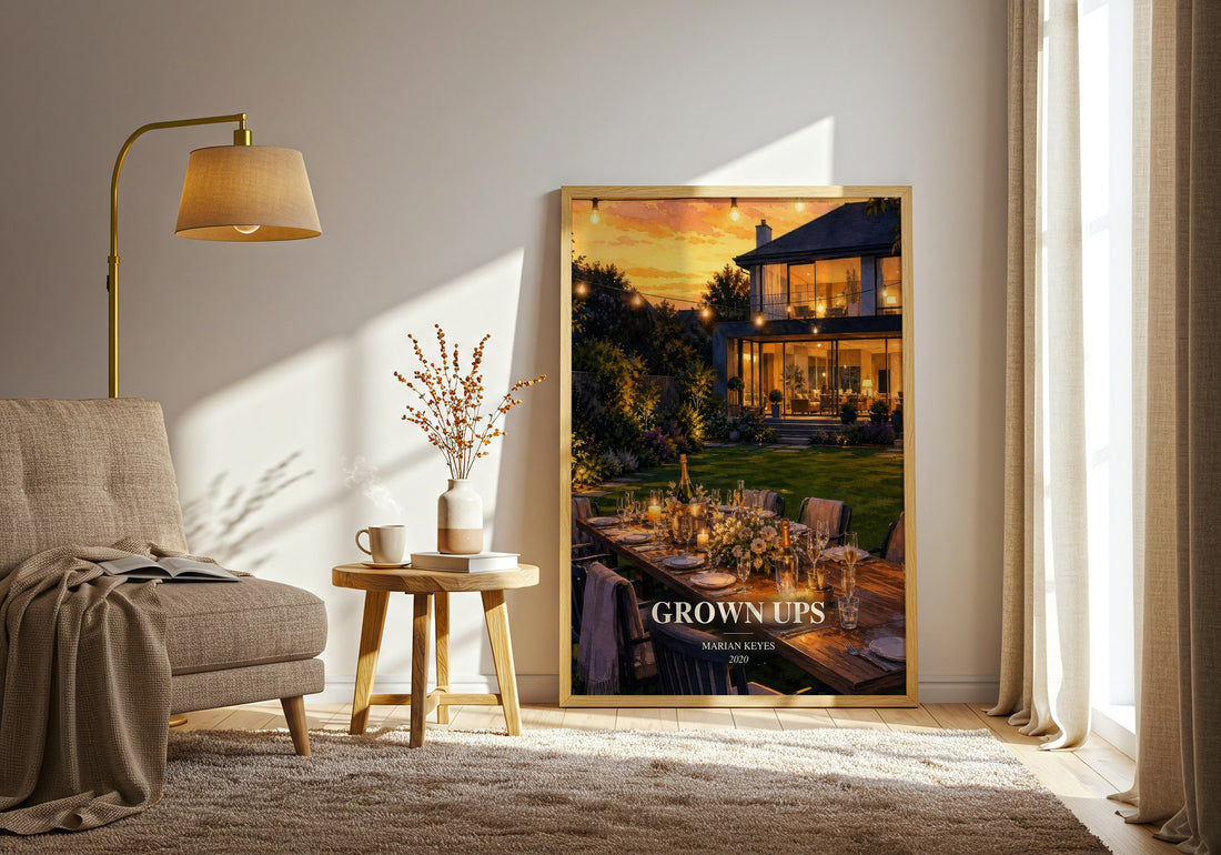 Grown Ups watercolour print in frame leaning in hallway – contemporary fiction wall art (mockup)