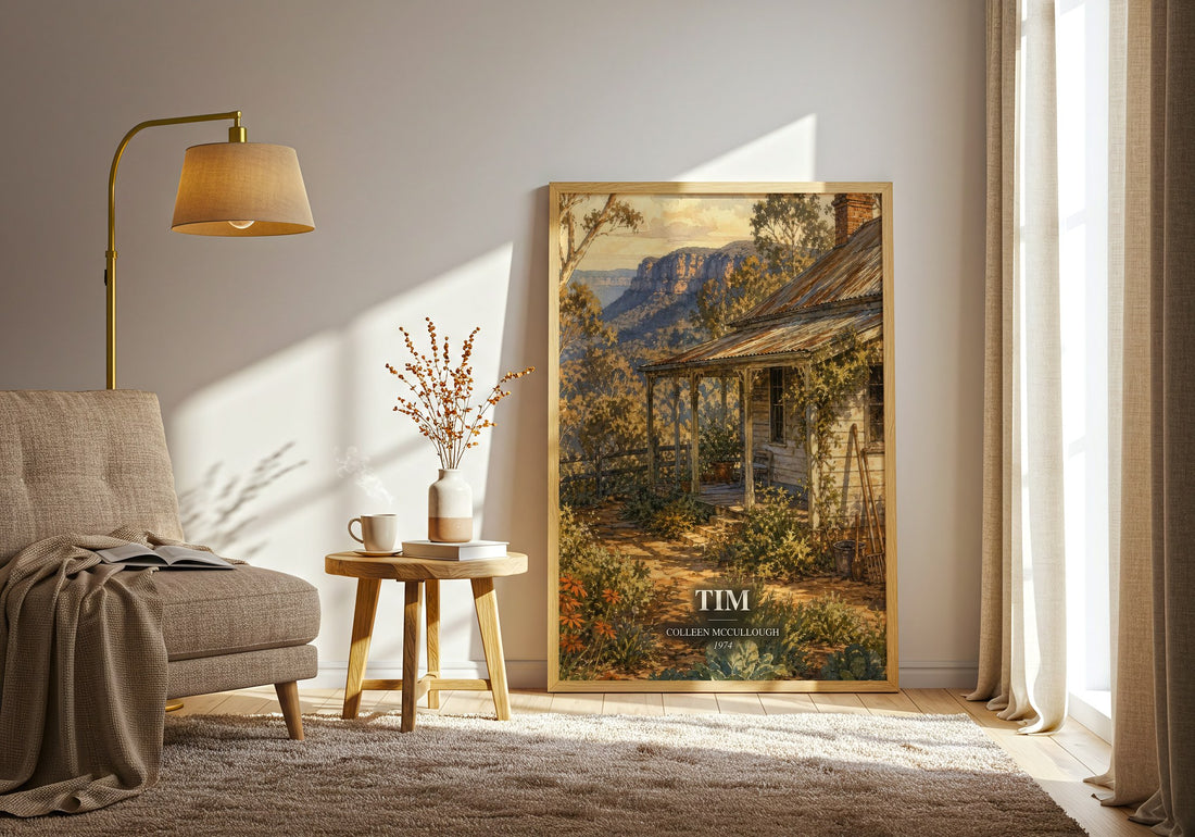 Tim watercolour print in frame leaning in hallway – literary fiction wall art (mockup)