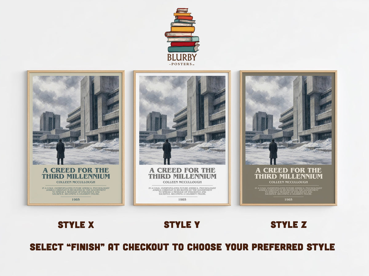 A Creed for the Third Millennium bookish print in frame leaning in hallway – dystopian wall art (mockup)