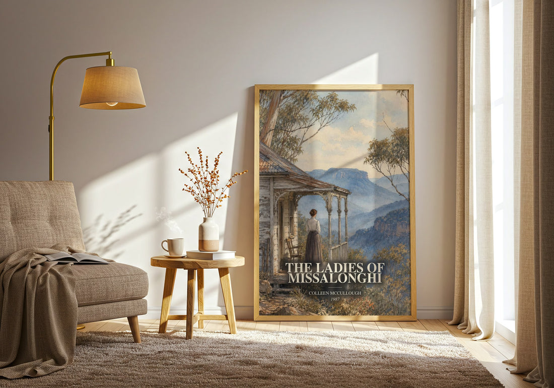 The Ladies of Missalonghi watercolour print in frame leaning in hallway – romance wall art (mockup)