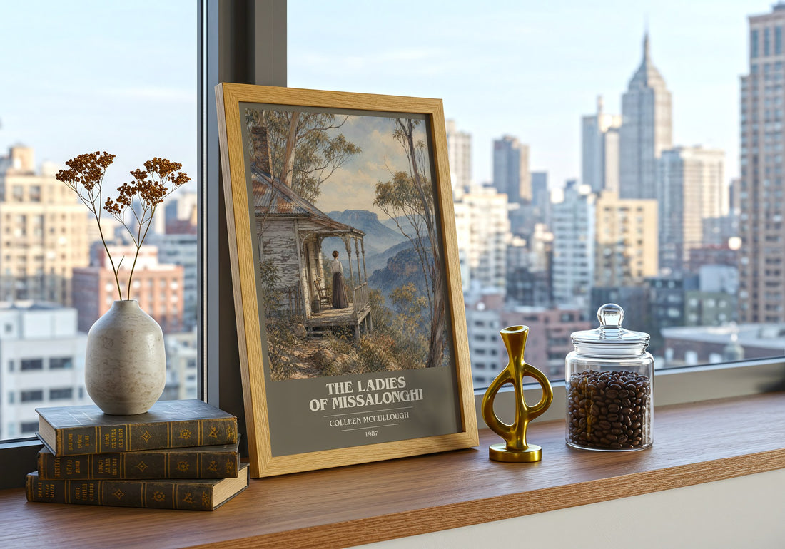 The Ladies of Missalonghi Book Cover Poster by Colleen McCullough – framed print on a city-view windowsill