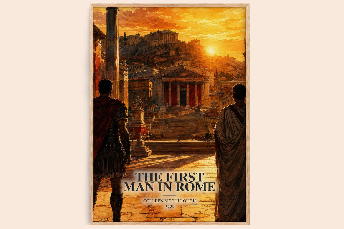 The First Man in Rome watercolour book poster by Colleen McCullough – framed literary art print