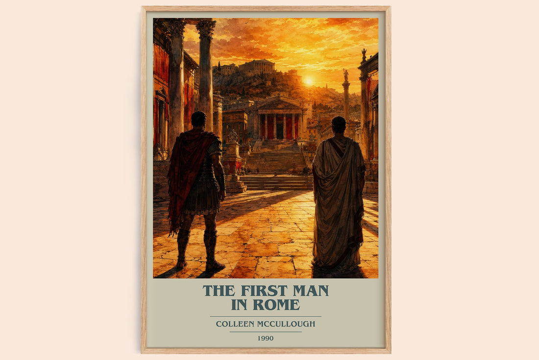 The First Man in Rome book cover book poster by Colleen McCullough – framed literary art print