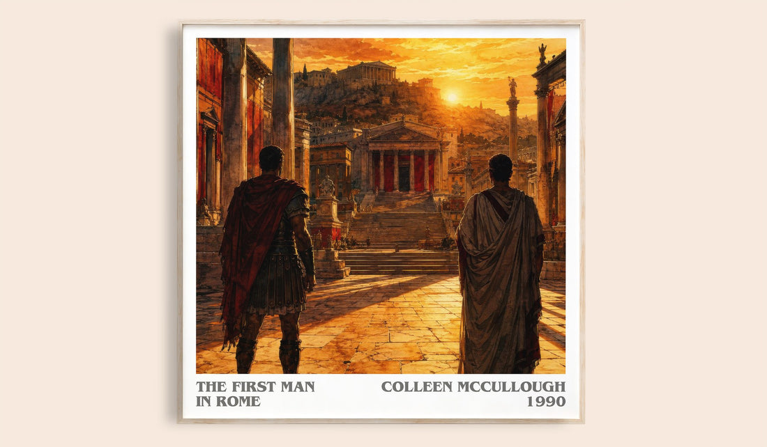 The First Man in Rome literary book poster by Colleen McCullough – framed literary art print