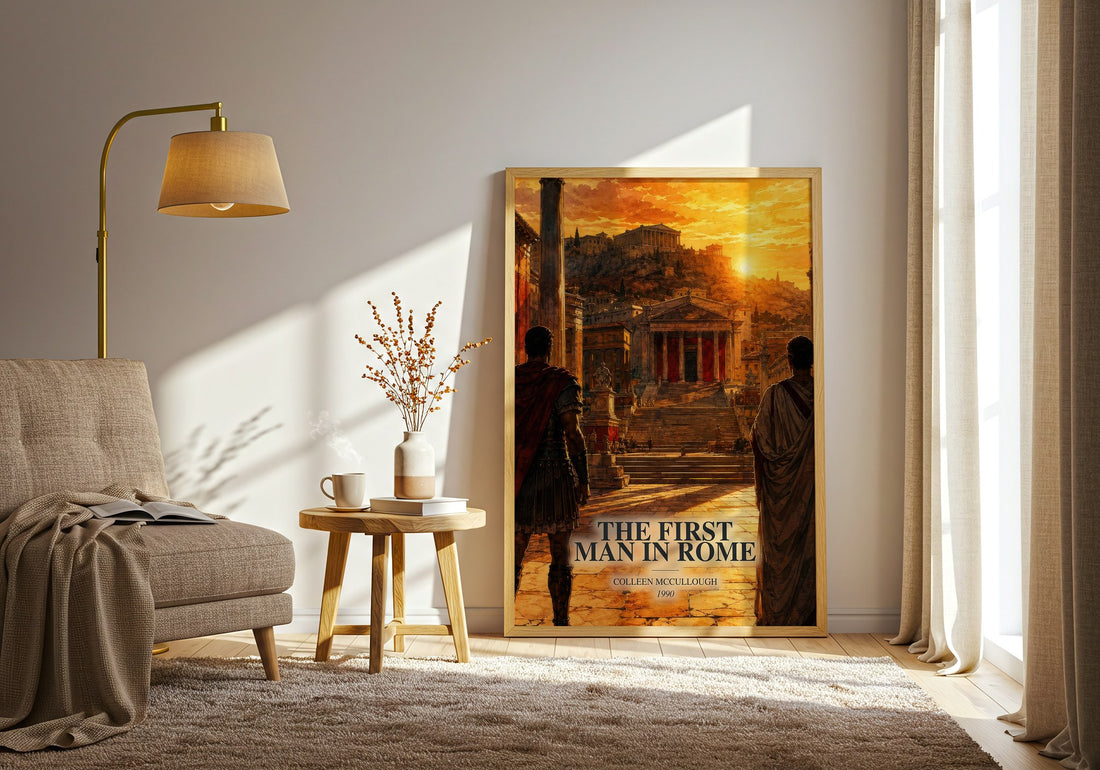 The First Man in Rome watercolour print in frame leaning in hallway – historical fiction wall art (mockup)