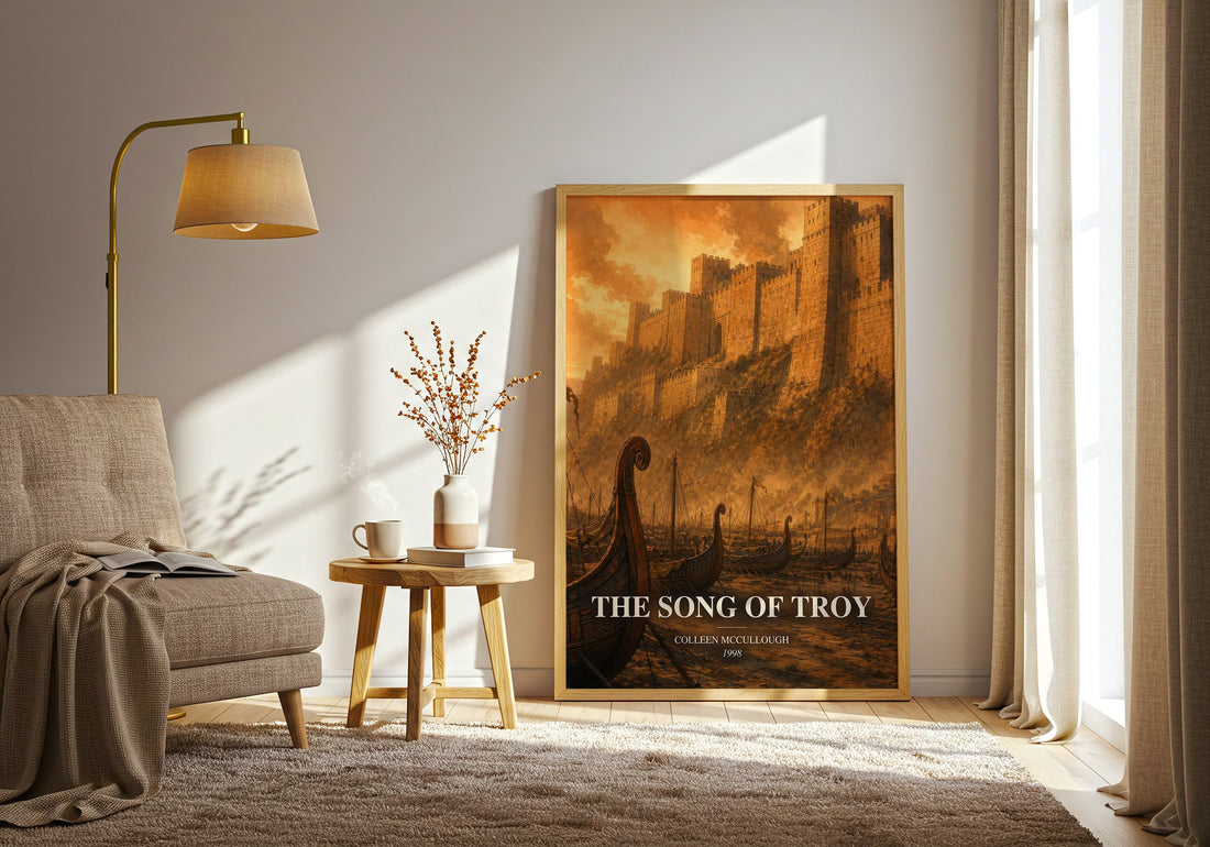 The Song of Troy watercolour print in frame leaning in hallway – historical fiction wall art (mockup)