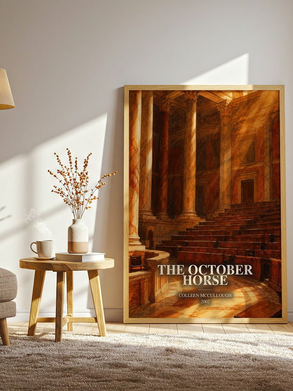 The October Horse watercolour print in frame leaning in hallway – historical fiction wall art
