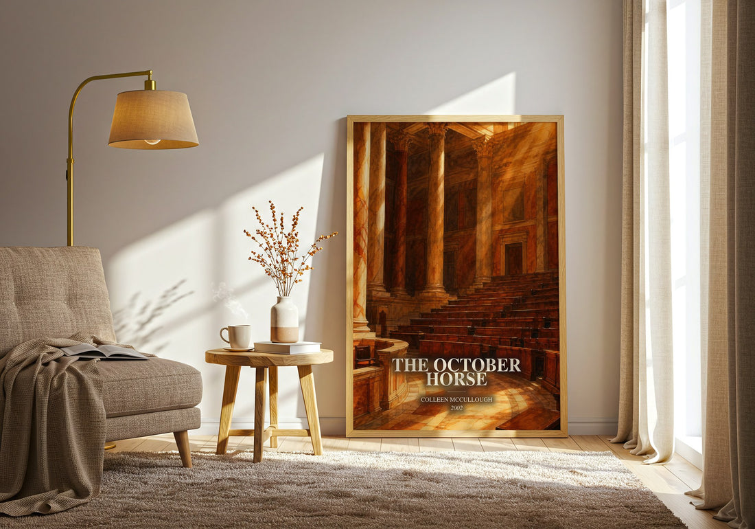 The October Horse watercolour print in frame leaning in hallway – historical fiction wall art (mockup)