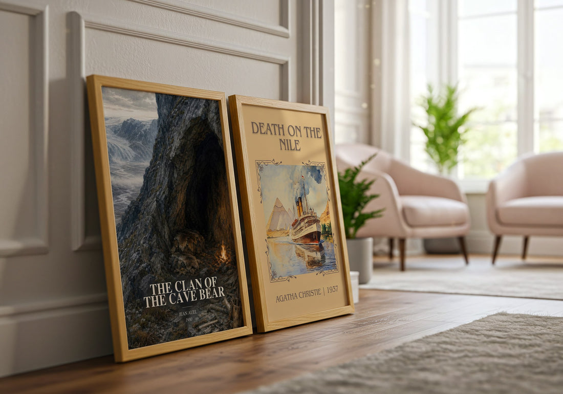 The Clan of the Cave Bear watercolour print framed by window – literary home decor