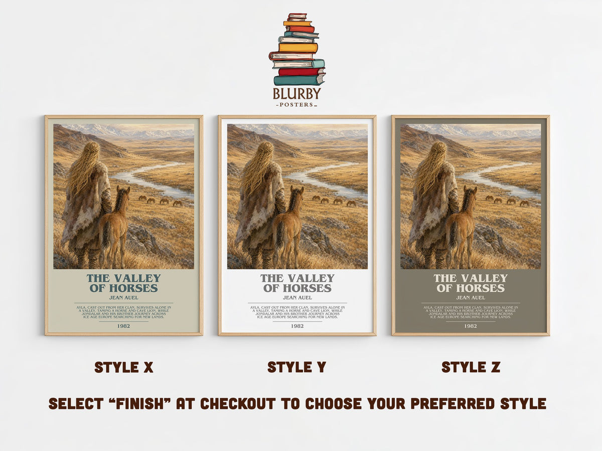 The Valley of Horses bookish print in frame leaning in hallway – historical fiction wall art (mockup)