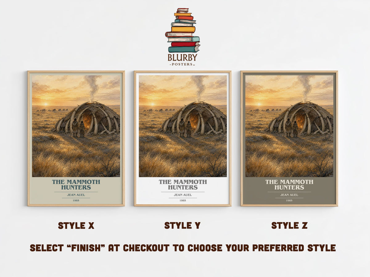 The Mammoth Hunters book cover print in frame leaning in hallway – historical fiction wall art (mockup)