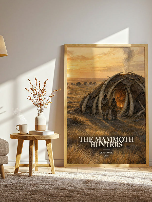 The Mammoth Hunters watercolour print in frame leaning in hallway – historical fiction wall art