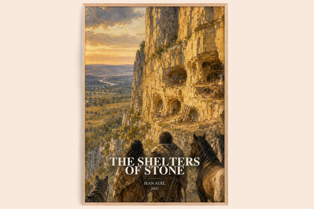The Shelters of Stone watercolour book poster by Jean Auel – framed literary art print