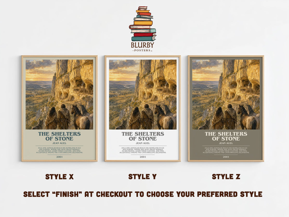 The Shelters of Stone bookish print in frame leaning in hallway – historical fiction wall art (mockup)