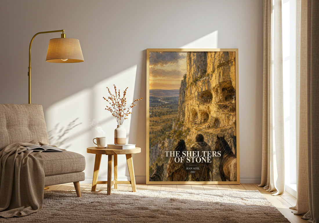 The Shelters of Stone watercolour print in frame leaning in hallway – historical fiction wall art (mockup)