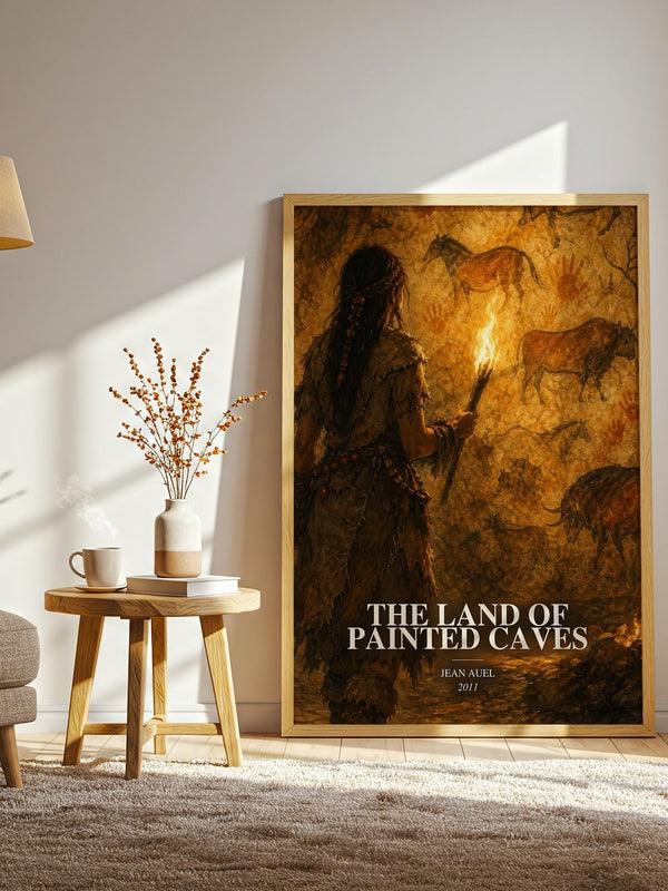The Land of Painted Caves watercolour print in frame leaning in hallway – historical fiction wall art