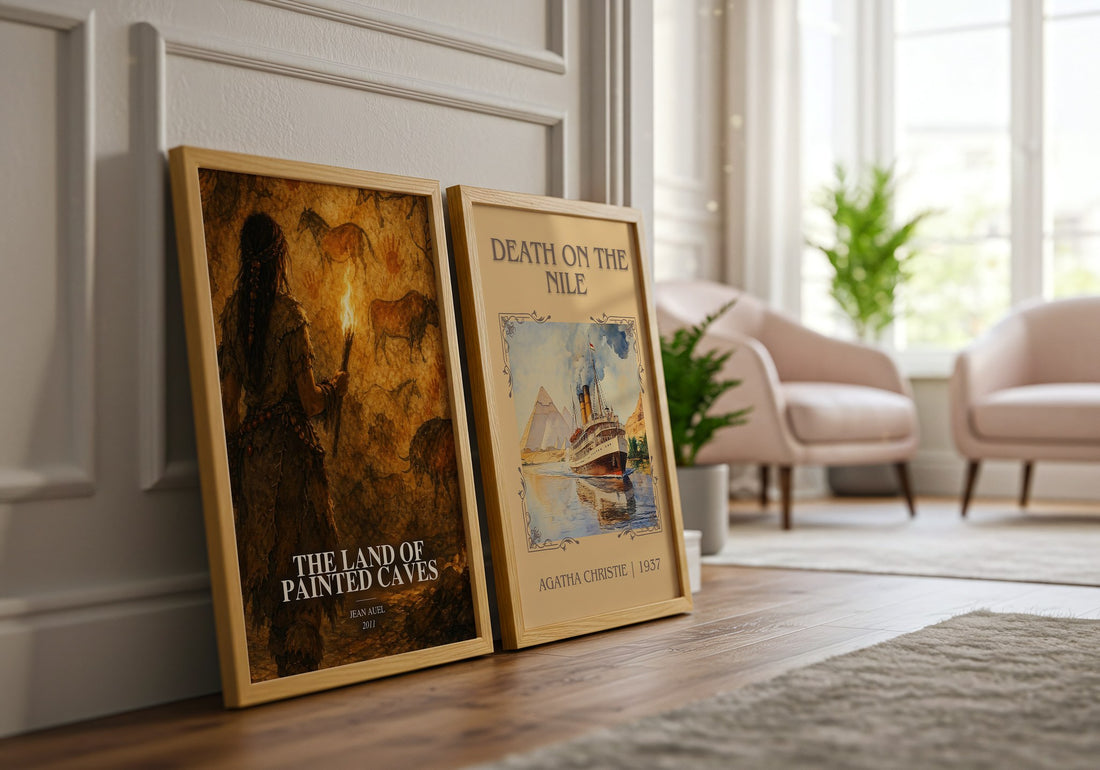 The Land of Painted Caves watercolour print framed by window – literary home decor