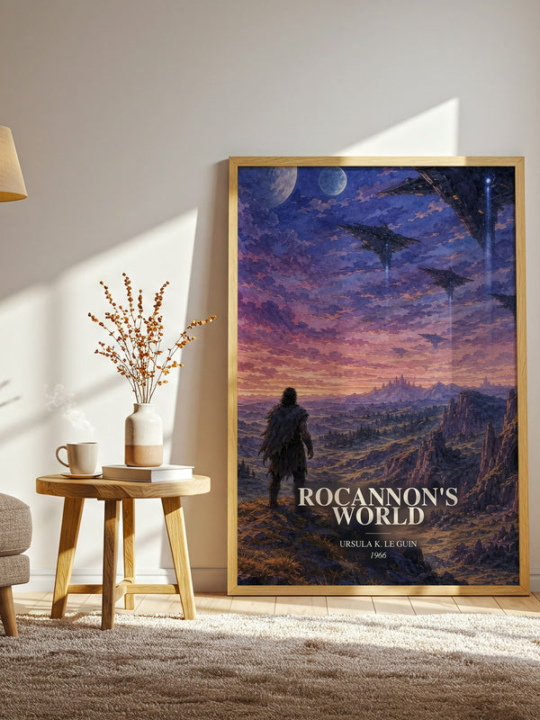 Rocannon's World watercolour print in frame leaning in hallway – sci fi wall art