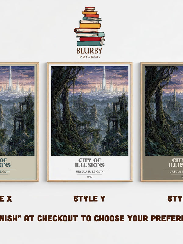 City of Illusions book cover print in frame leaning in hallway – sci fi wall art