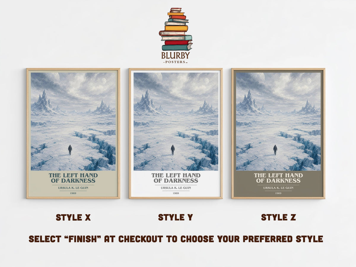 The Left Hand of Darkness book cover print in frame leaning in hallway – sci fi wall art (mockup)