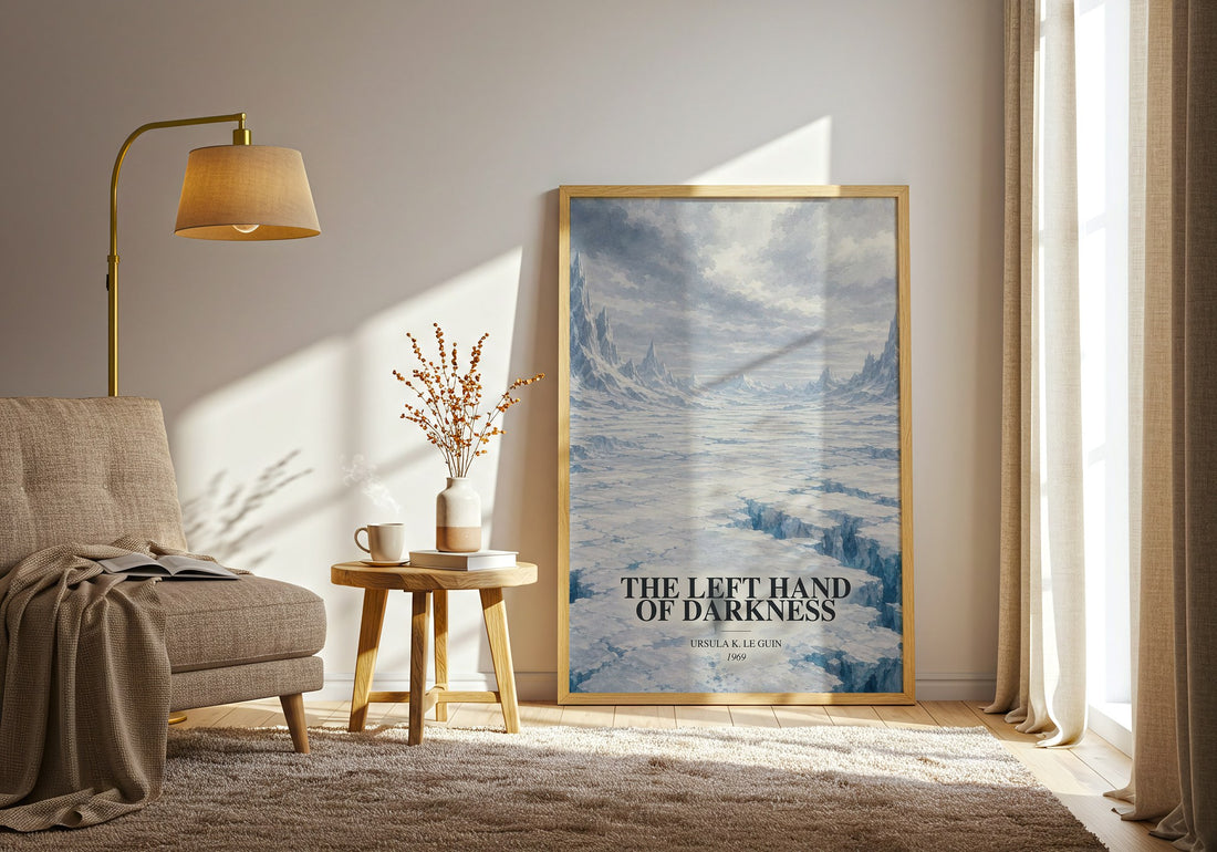 The Left Hand of Darkness watercolour print in frame leaning in hallway – sci fi wall art (mockup)
