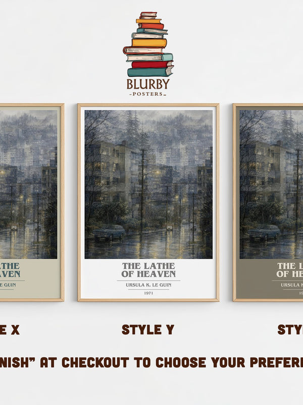 The Lathe of Heaven book cover print in frame leaning in hallway – sci fi wall art