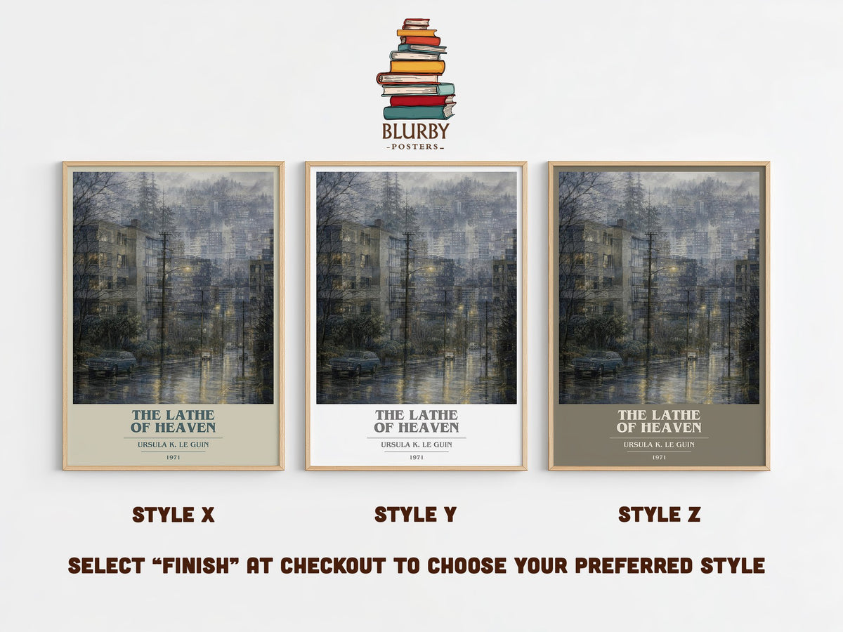 The Lathe of Heaven book cover print in frame leaning in hallway – sci fi wall art (mockup)
