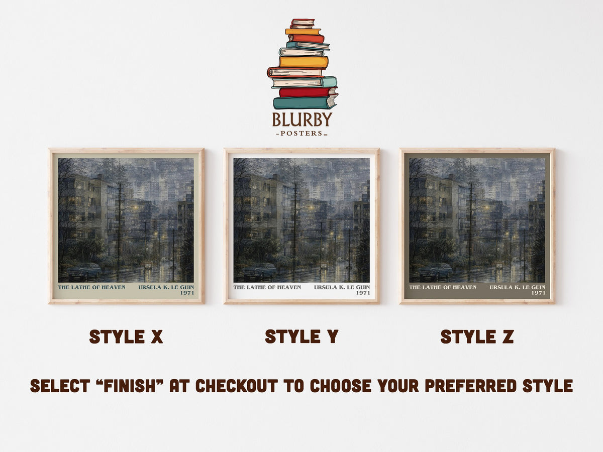 The Lathe of Heaven literary print in frame leaning in hallway – sci fi wall art (mockup)