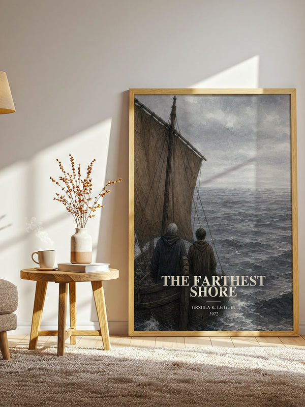 The Farthest Shore watercolour print in frame leaning in hallway – fantasy wall art