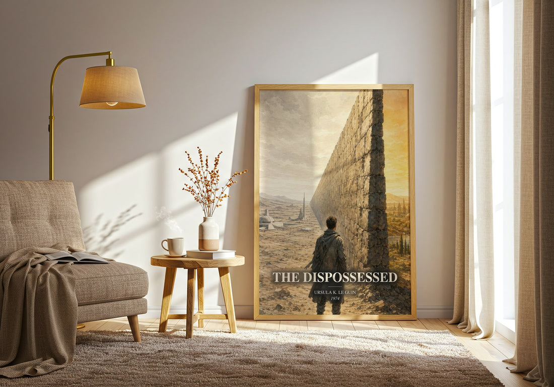 The Dispossessed watercolour print in frame leaning in hallway – sci fi wall art (mockup)