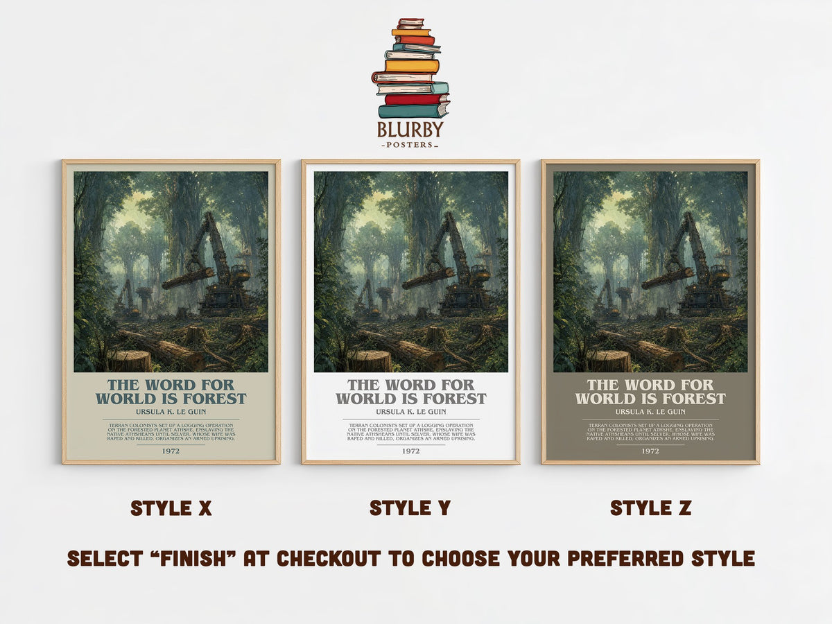 The Word for World Is Forest bookish print in frame leaning in hallway – sci fi wall art (mockup)