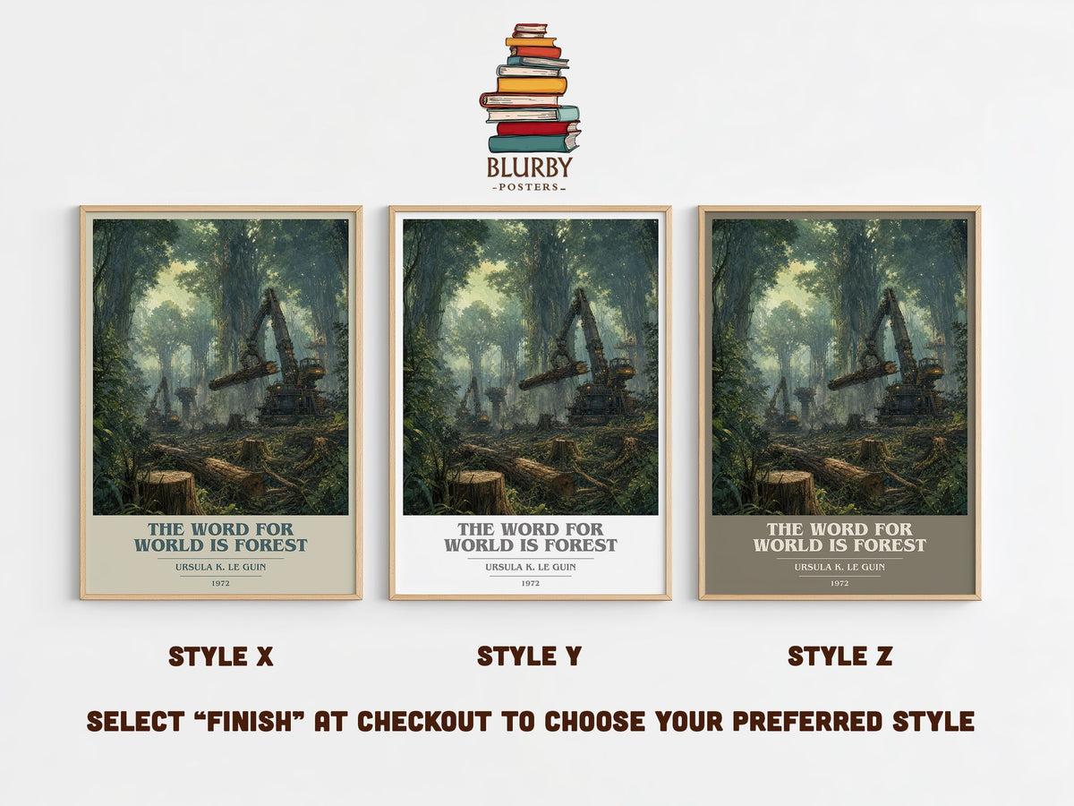 The Word for World Is Forest book cover print in frame leaning in hallway – sci fi wall art (mockup)