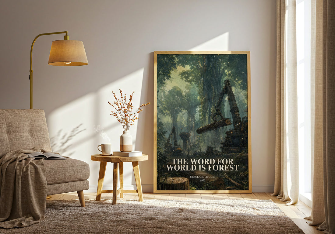 The Word for World Is Forest watercolour print in frame leaning in hallway – sci fi wall art (mockup)