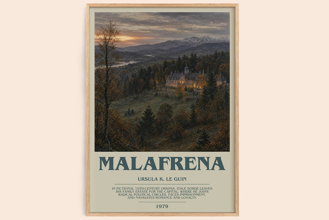 Malafrena bookish book poster by Ursula K. Le Guin – framed literary art print