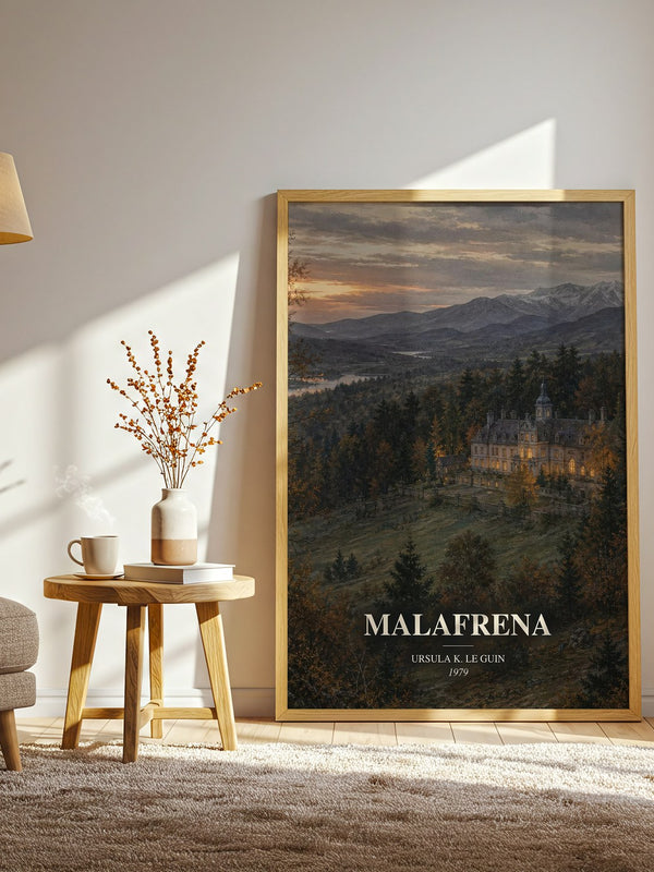 Malafrena watercolour print in frame leaning in hallway – historical fiction wall art
