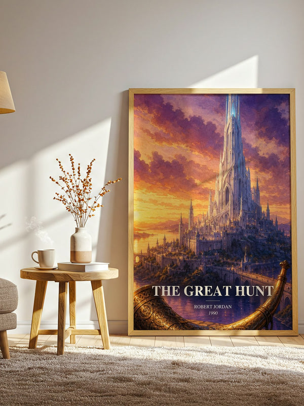 The Great Hunt watercolour print in frame leaning in hallway – fantasy wall art